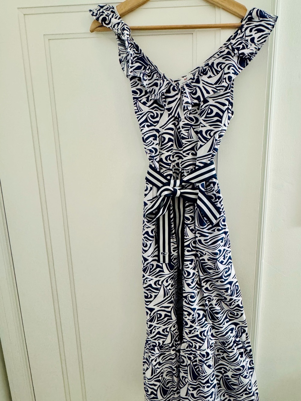 Vineyard Vines Navy & White Swirl-Print Ruffle Maxi Dress